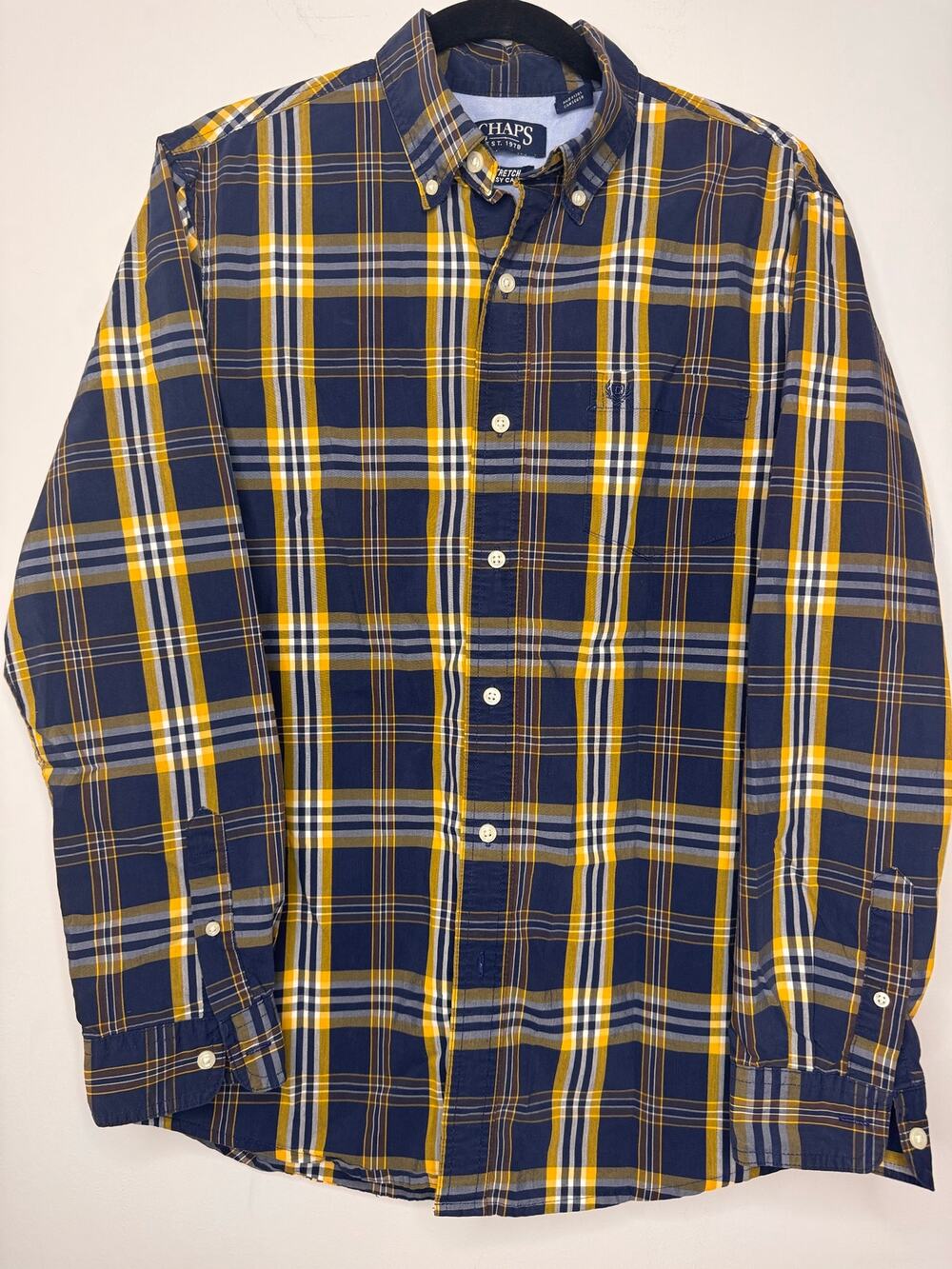 CHAPS Men’s Plaid Button Down Shirt Stretch Long Sleeve Navy Yellow Gray Size M